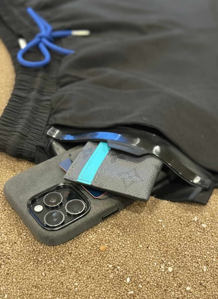 Secure swimwear black featuring the hidden snapshut waterproof pocket designed to keep valuables protected