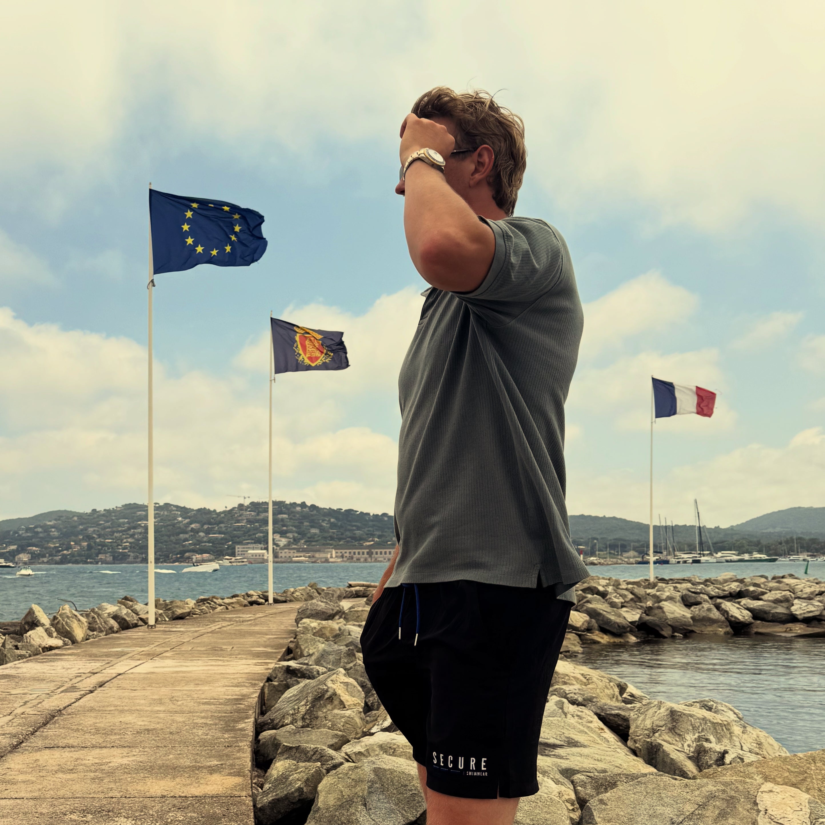 man wearing black secure swimwear waterproof swim shorts with a hidden snapshut waterproof pocket on the French Riviera waterfront