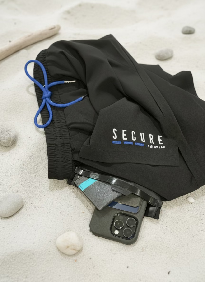 close up of secure swimwear black swimshorts with embroidered logo and hidden snapshut waterproof pocket holding a smartphone and card holder