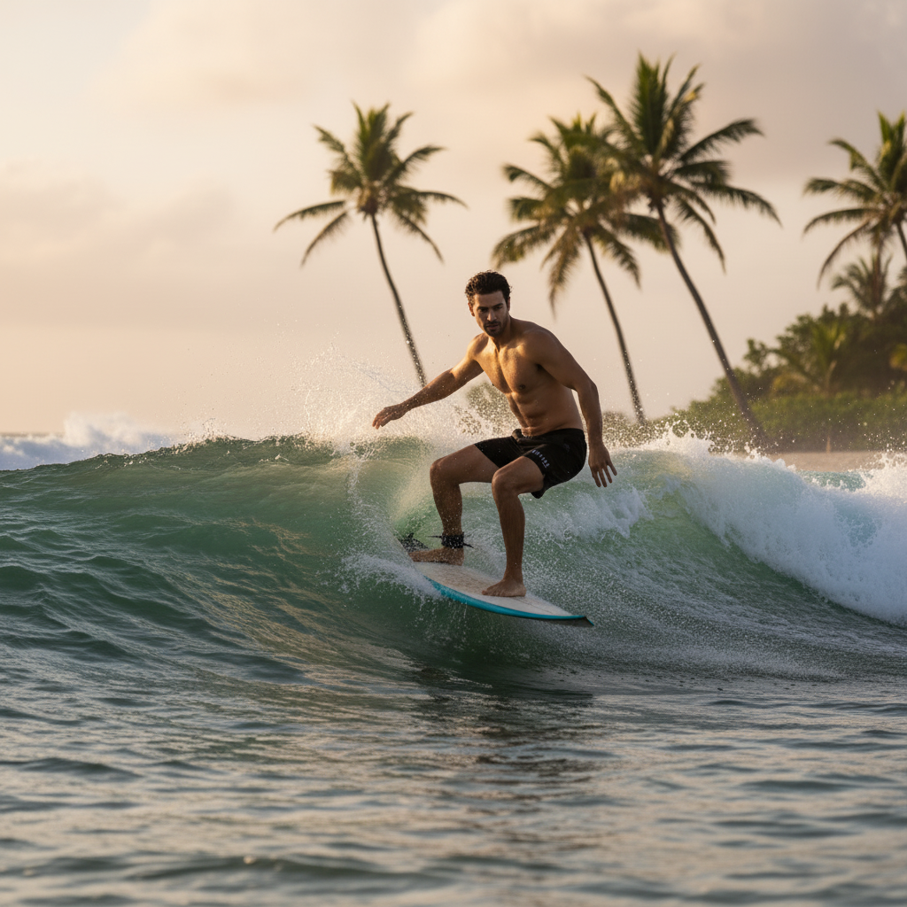 surfer wearing secure swimwear black swim shorts riding a wave with palm trees in the back ground